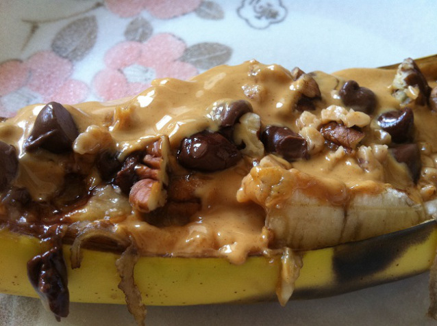 Baked Chocolate Peanut Butter Pecan Banana Boats