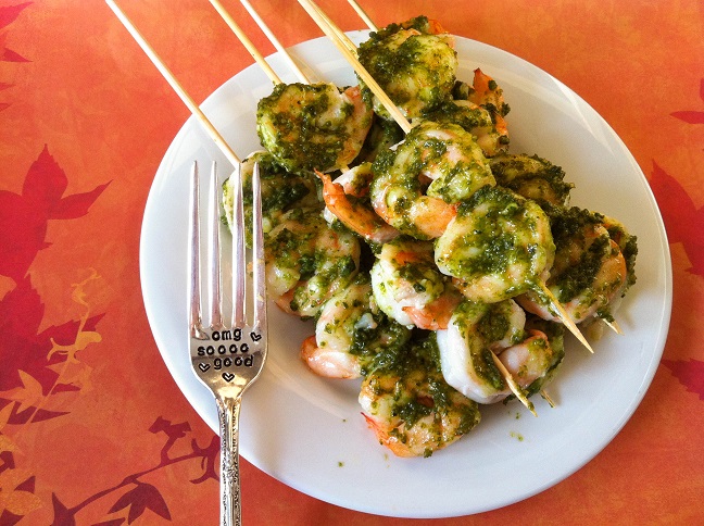 Creamy Pesto Shrimp Skewers | Cooking with a Wallflower