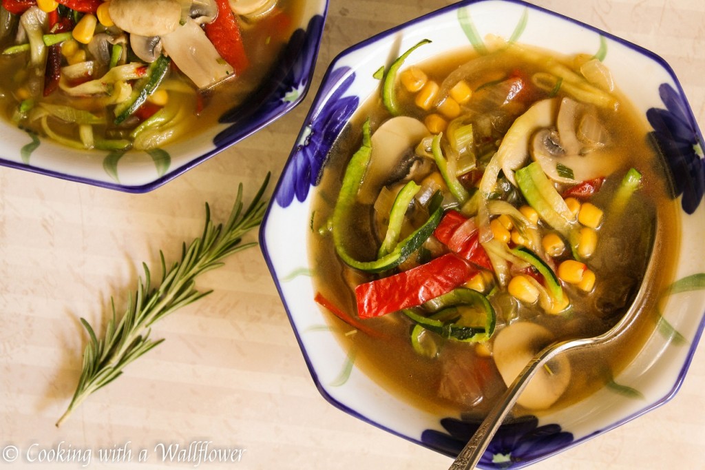Roasted Red Bell Pepper Zucchini Noodle Soup with Fresh Herbs | Cooking with a Wallflower