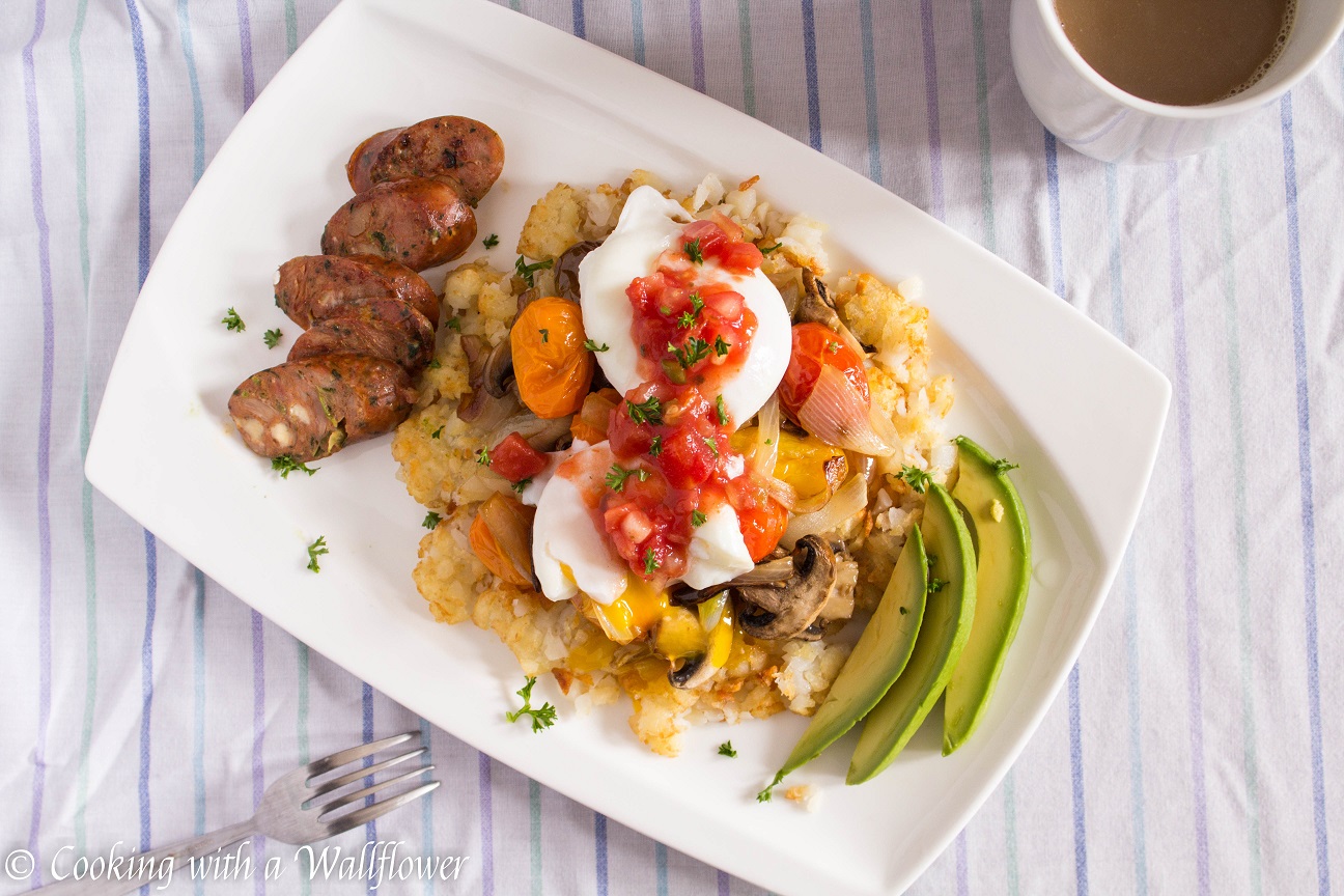 Poached Eggs with Roasted Vegetables over Smashed Tater Tots
