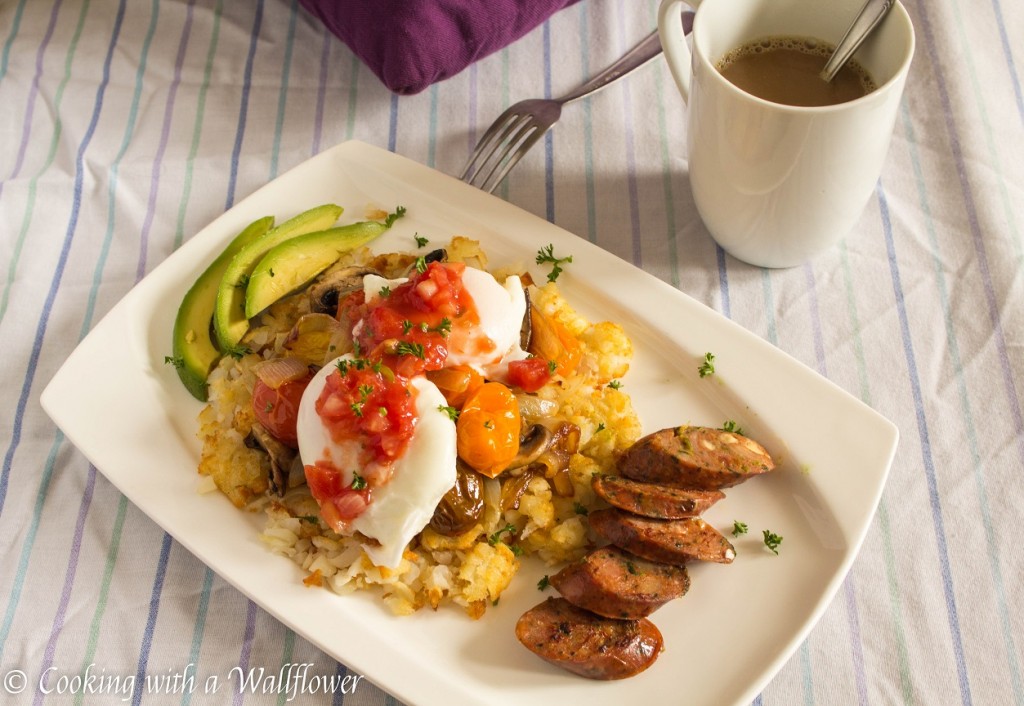 Poached Eggs with Roasted Vegetables over Smashed Tater Tots | Cooking with a Wallflower