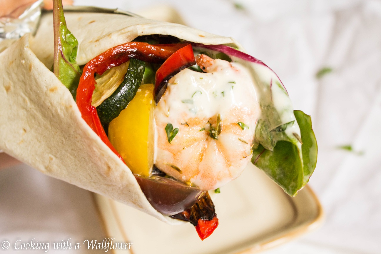 Shrimp and Roasted Vegetable Wrap with Garlic Buttermilk Ranch Dressing