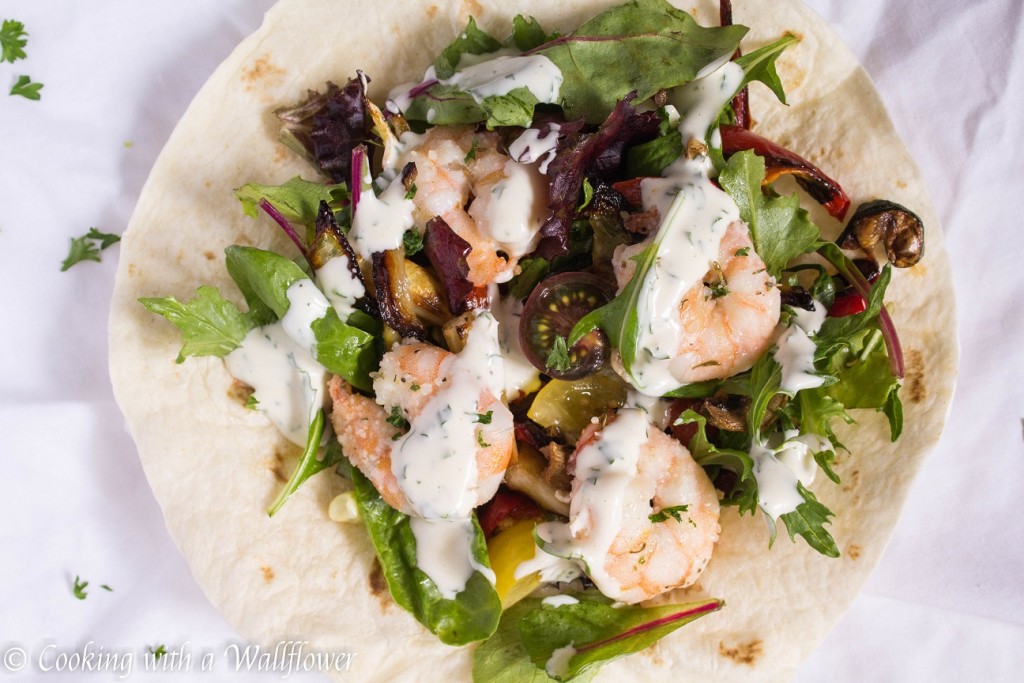 Shrimp and Roasted Vegetable Wrap with Garlic Buttermilk Ranch Dressing | Cooking with a Wallflower