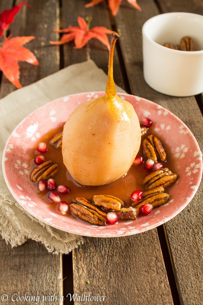 Poached Pears with Candied Pecans and Pomegranate