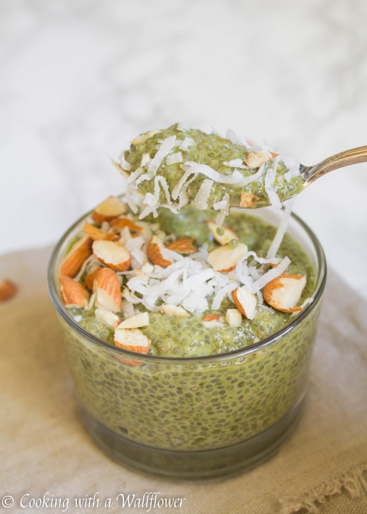 Green Tea Chia Pudding with Shredded Coconut and Almonds | Cooking with a Wallflower
