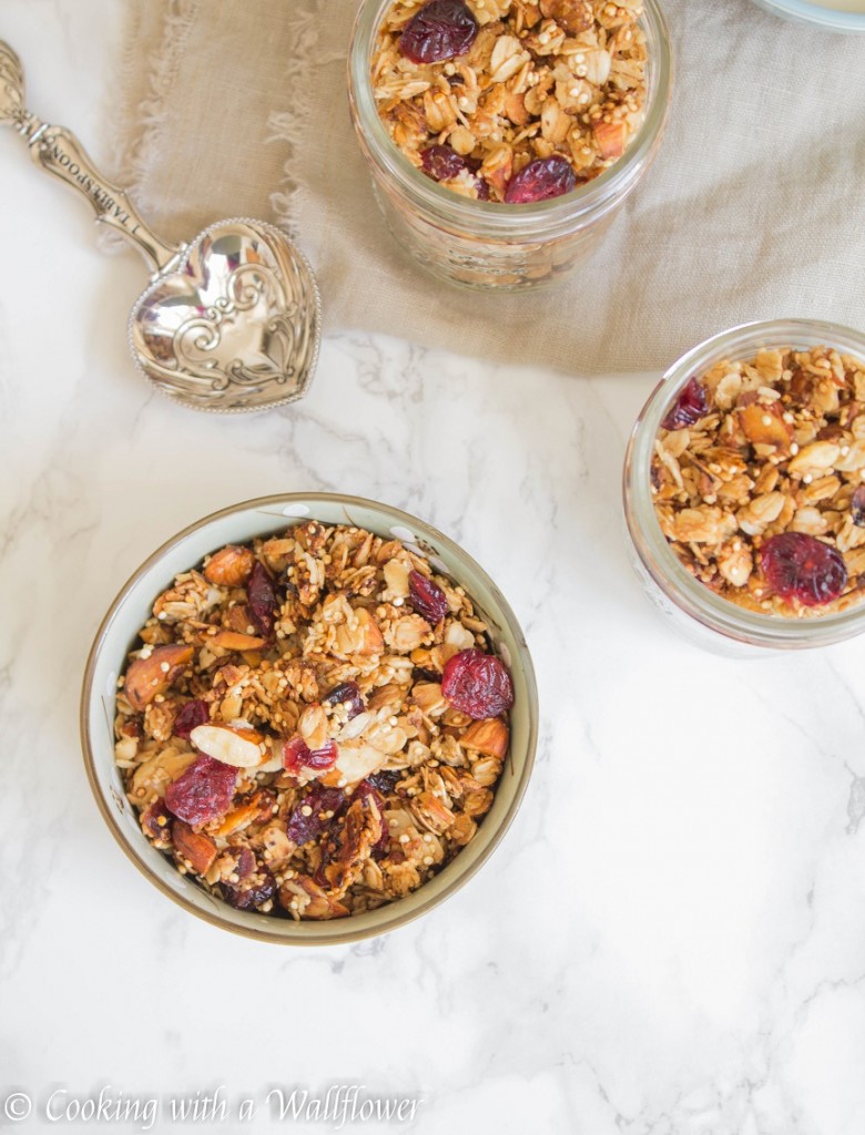This honey cranberry almond quinoa granola is filled with roasted old fashioned oats, quinoa, and almonds then tossed with dried cranberries