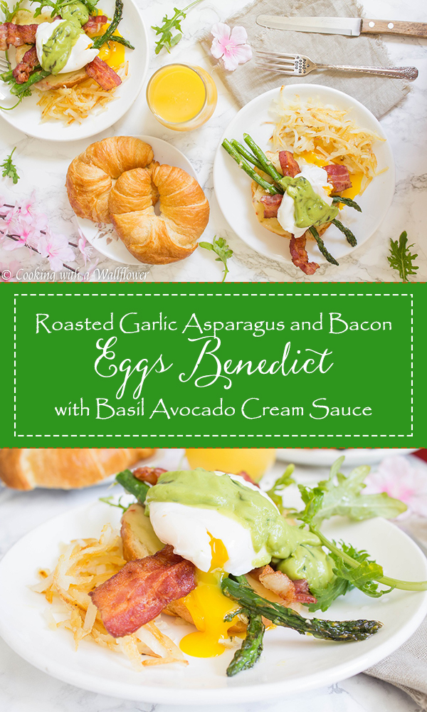 Delicious and simple to make, this roasted garlic asparagus and bacon eggs benedict with basil avocado cream sauce is perfect for spring and Mother's Day brunch.
