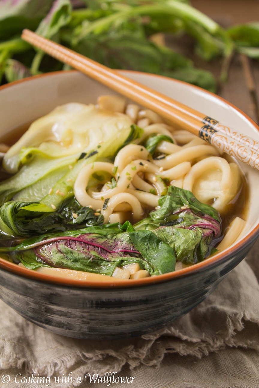 Vegetable Udon Noodle Soup with Red Amaranth and Bok Choy