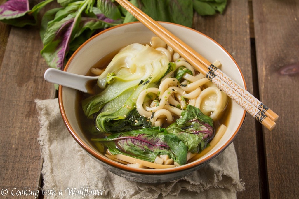 Simple and delicious, this Vegetable Udon Noodle Soup is filled with red amaranth, bok choy, and mushrooms, perfect for spring! 