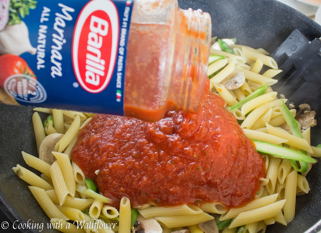 Penne in Spicy Marinara Sauce with Fresh Asparagus