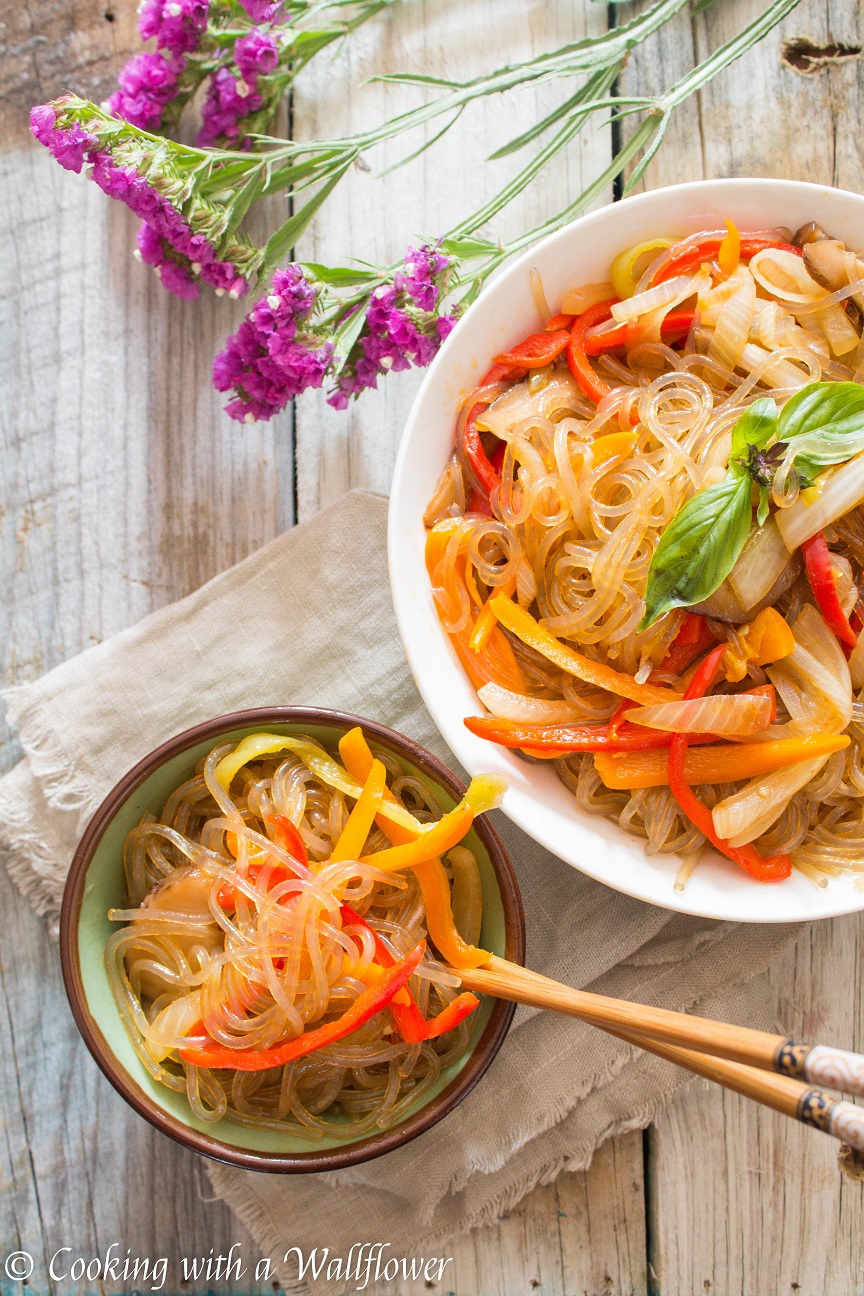 Spicy Korean Glass Noodles with Sweet Peppers and Shiitake Mushrooms
