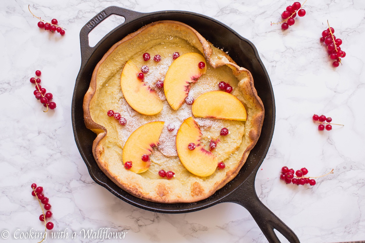 Vanilla Dutch Baby Pancake with Red Currants and Peaches