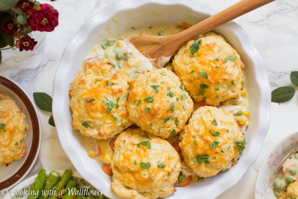 chicken pot pie with garlic cheddar biscuits