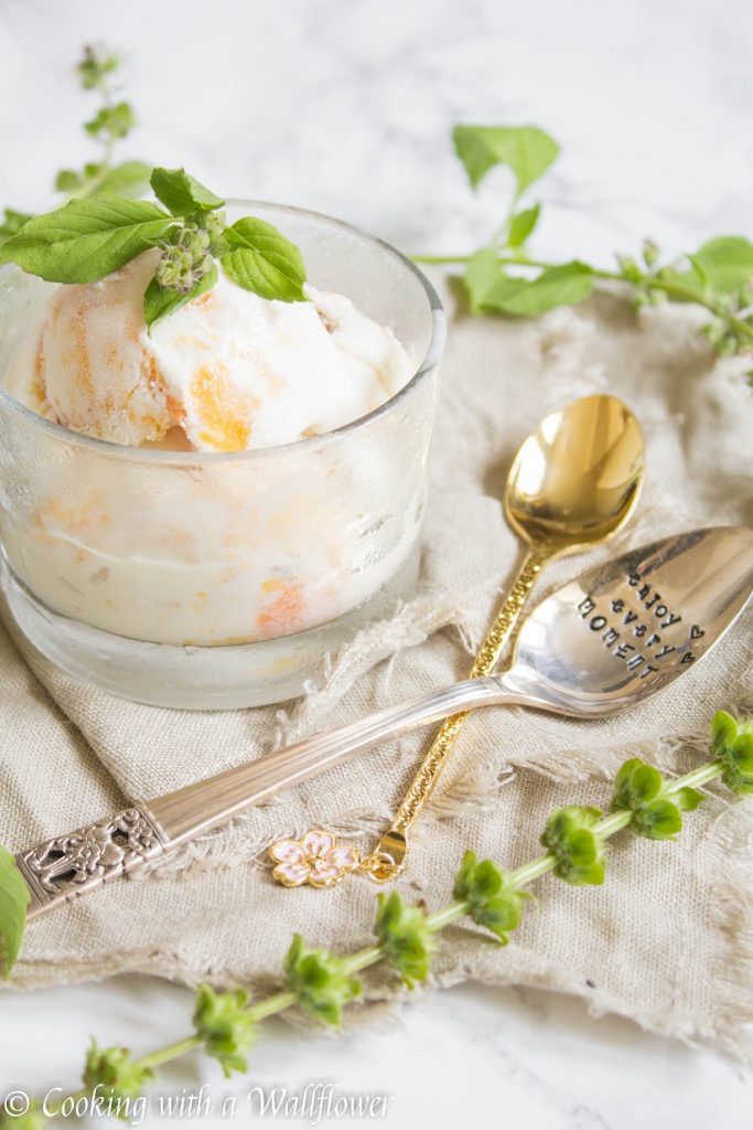 No Churn Roasted Peach Lemon Basil Ice Cream | Cooking with a Wallflower