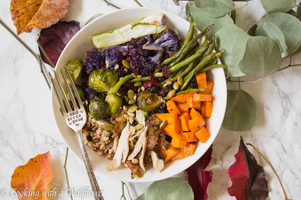 Roasted Leftover Turkey Vegetable Grain Bowl with Maple Balsamic Vinaigrette | Cooking with a Wallflower