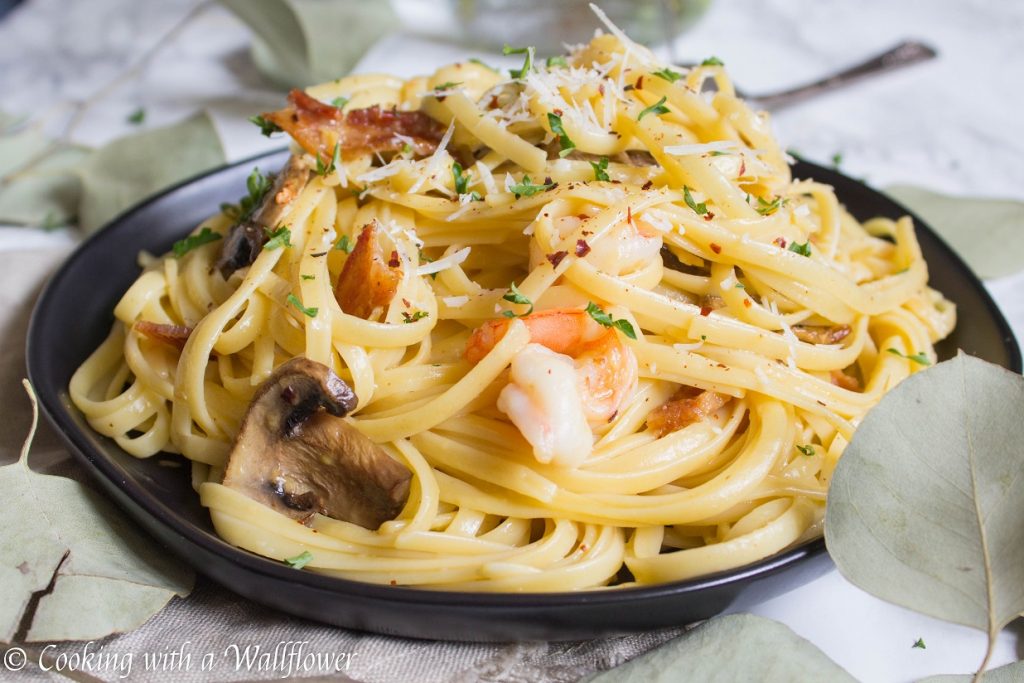 Roasted Mushroom Shrimp Linguine Carbonara | Cooking with a Wallflower