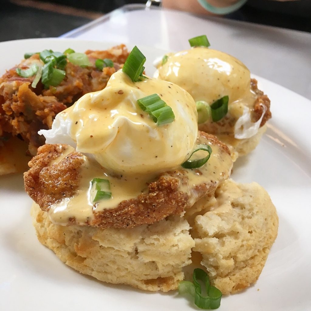 Fried Chicken Benedict over Cream Biscuits