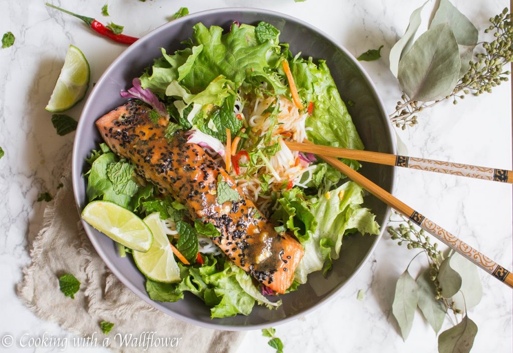 Maple Tamarind Salmon Spring Roll Bowls | Cooking with a Wallflower