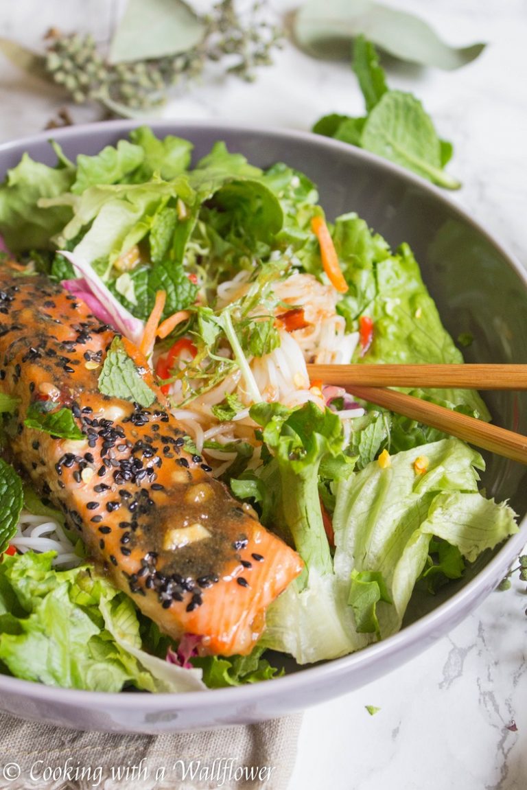 Maple Tamarind Salmon Spring Roll Bowls - Cooking with a Wallflower