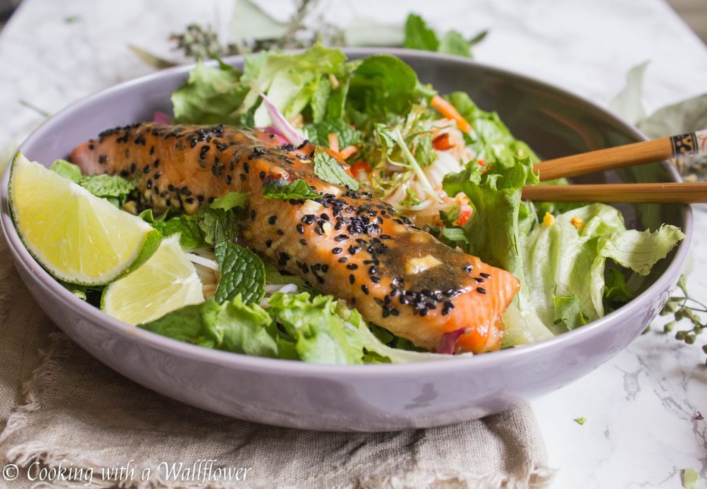 Maple Tamarind Salmon Spring Roll Bowls | Cooking with a Wallflower