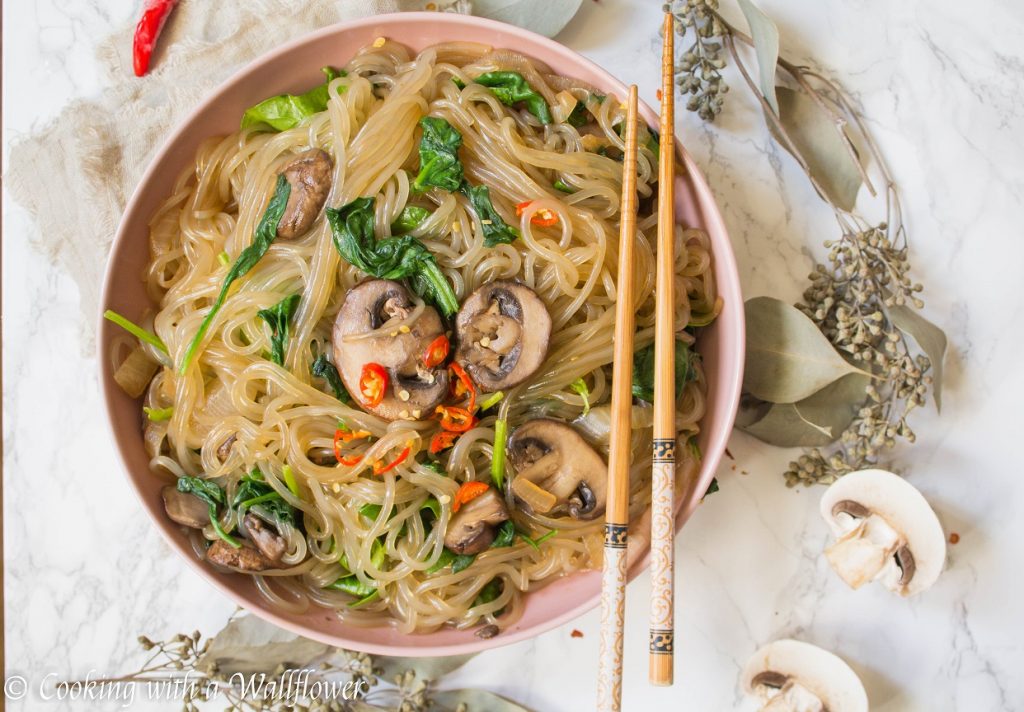 Korean Style Spinach Mushroom Glass Noodles | Cooking with a Wallflower